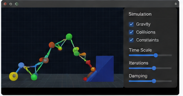 Physics simulation engine demonstration showing interconnected bodies and parameter controls
